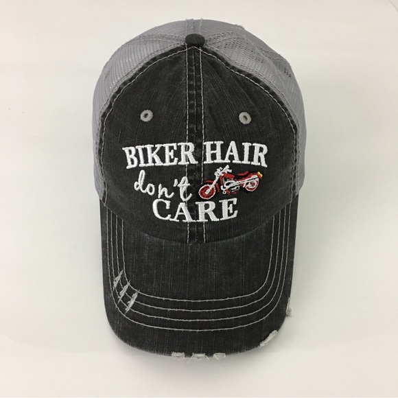 Biker Hair Don’t Care Distressed Embroidered Baseball Biker Cap - Picture 2 of 8
